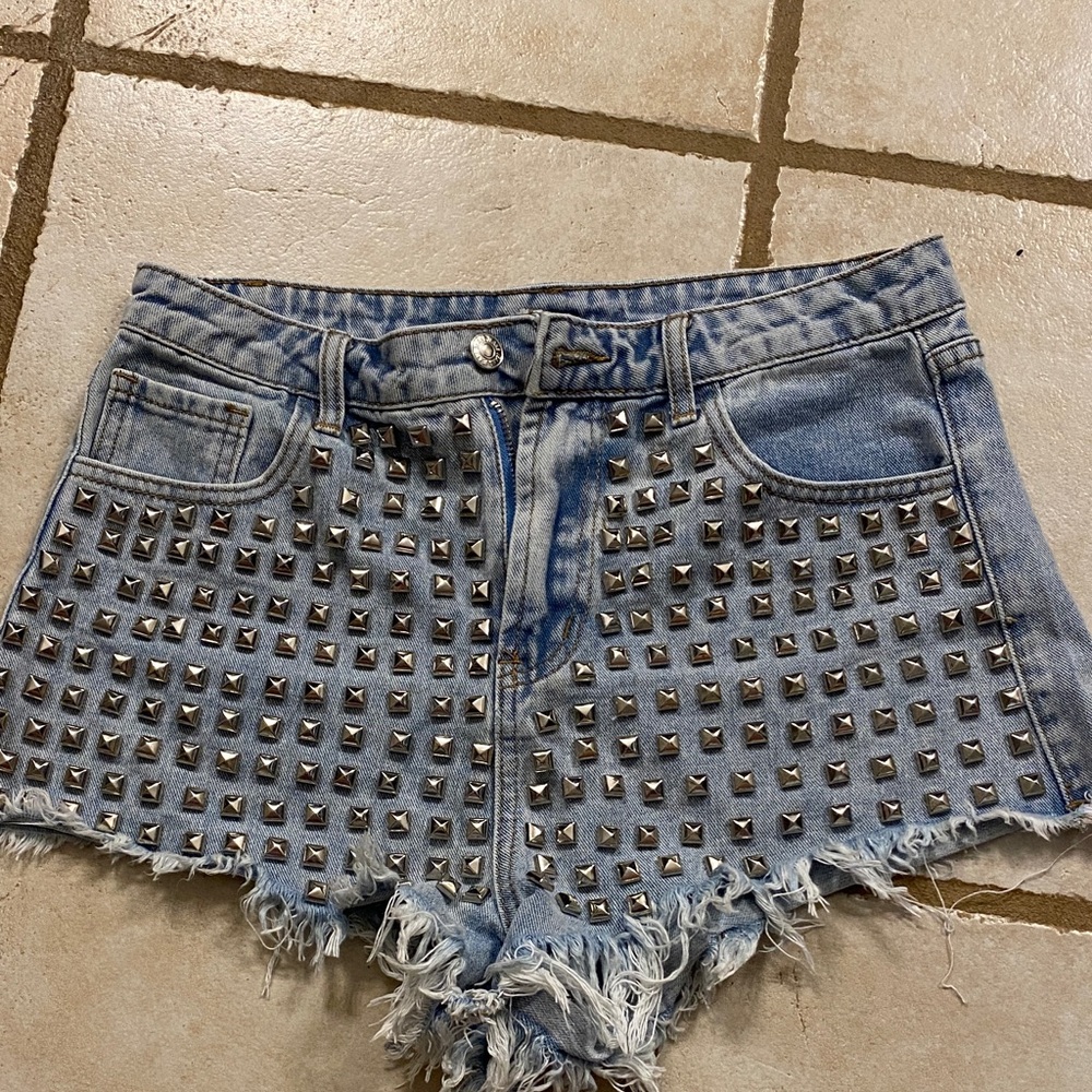 Studded denim shorts